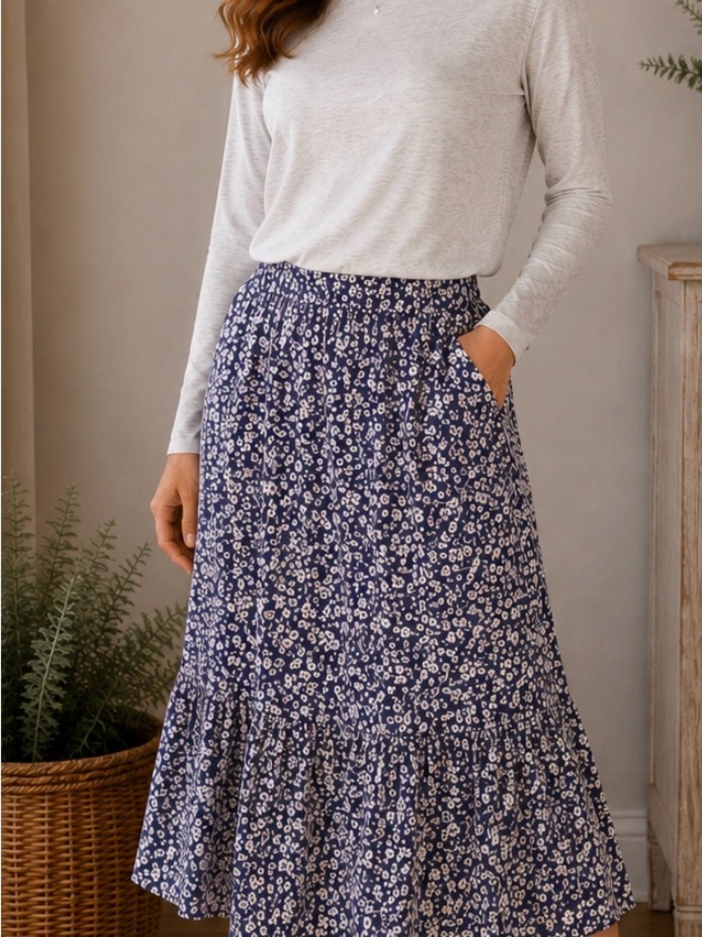 Rachel Zoe Navy Floral Tiered Maxi Skirt
